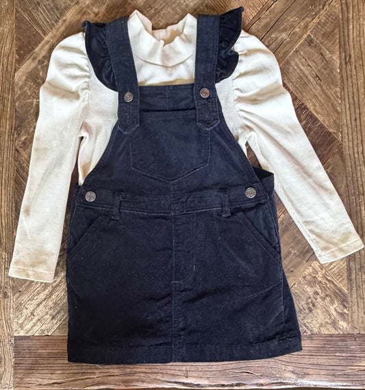 #75 Baby Gap Girls Black Overall Dress with Ivory Long Sleeve, Size 3T