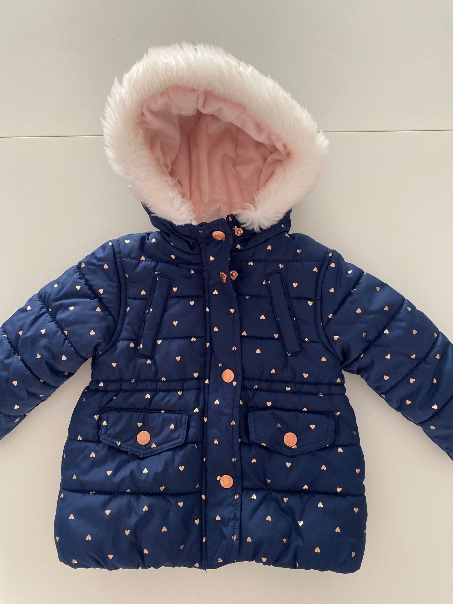 #117-Girls 18M, Carter’s Navy Heart Coat, VGUC