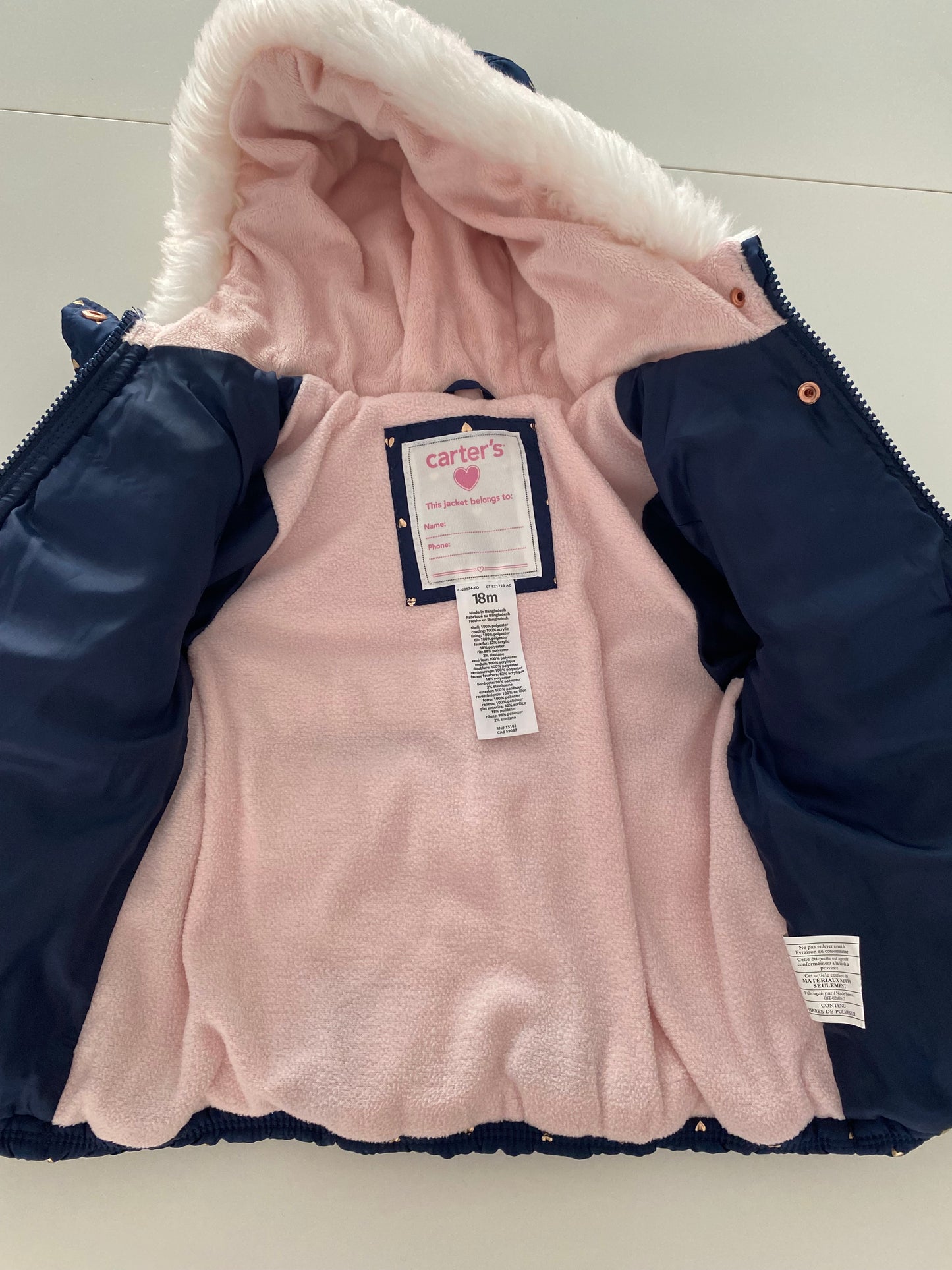 #117-Girls 18M, Carter’s Navy Heart Coat, VGUC
