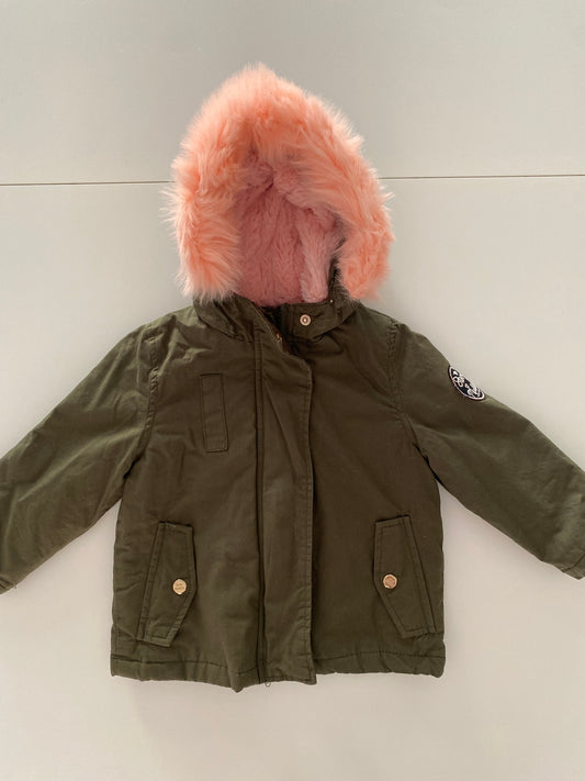 #117-Girls 18M, Steve Madden Green Coat, pink faux fur lined hood, GUC