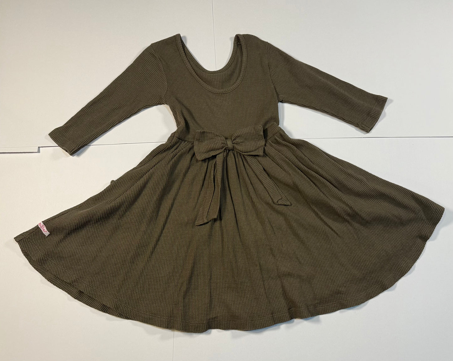 #180 Girls 5 Ruffle Butts Olive Green Dress with Cute Bow on Back and Pockets