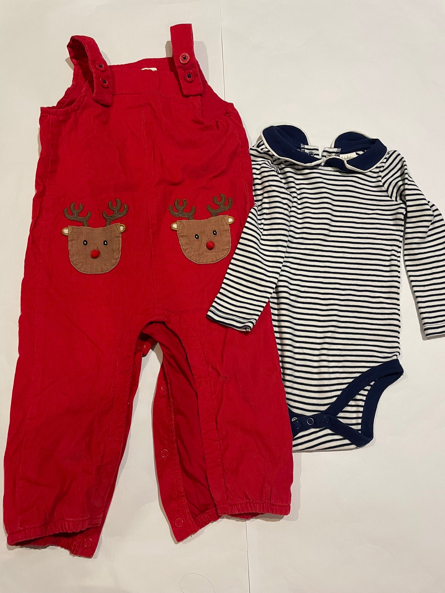 #126 Boys Baby Boden 18-24M Red Cord Holiday Overalls and Onsie EUC