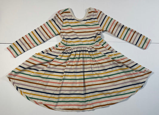 #180 Girls 5 Ruffle Butts Cream Dress with Rainbow Stripes. Cute Bow on Back and Pockets