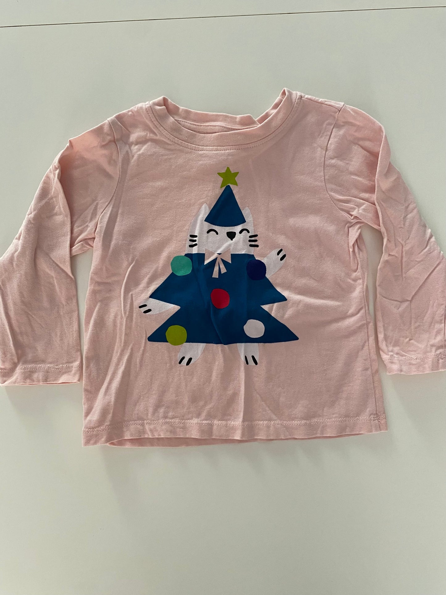 #117-Girls 3T, Hanna Andersson pink kitty Christmas tree shirt, EUC