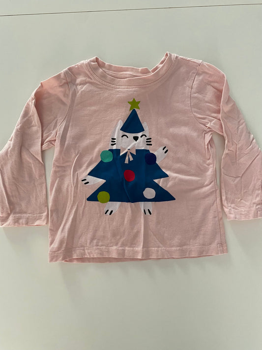 #117-Girls 3T, Hanna Andersson pink kitty Christmas tree shirt, EUC