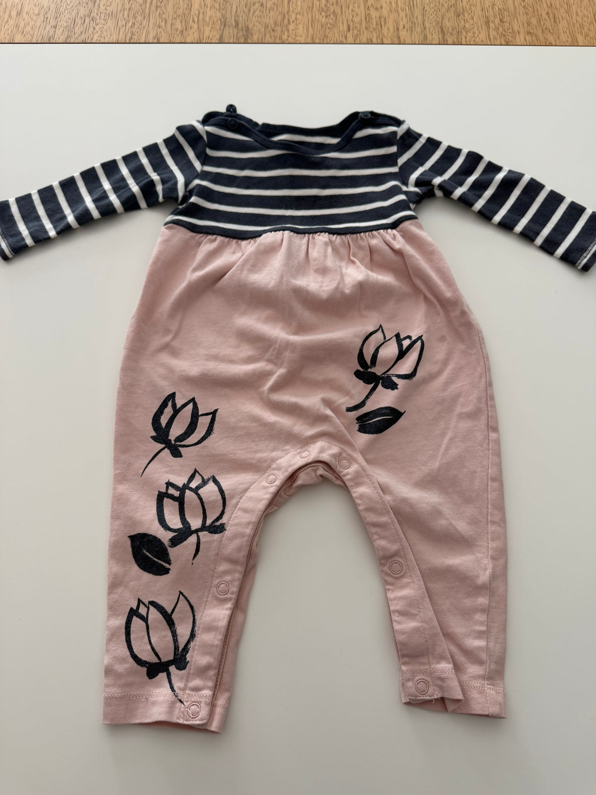 #117, Girls 6M, Tea Navy & Pink romper, GUC