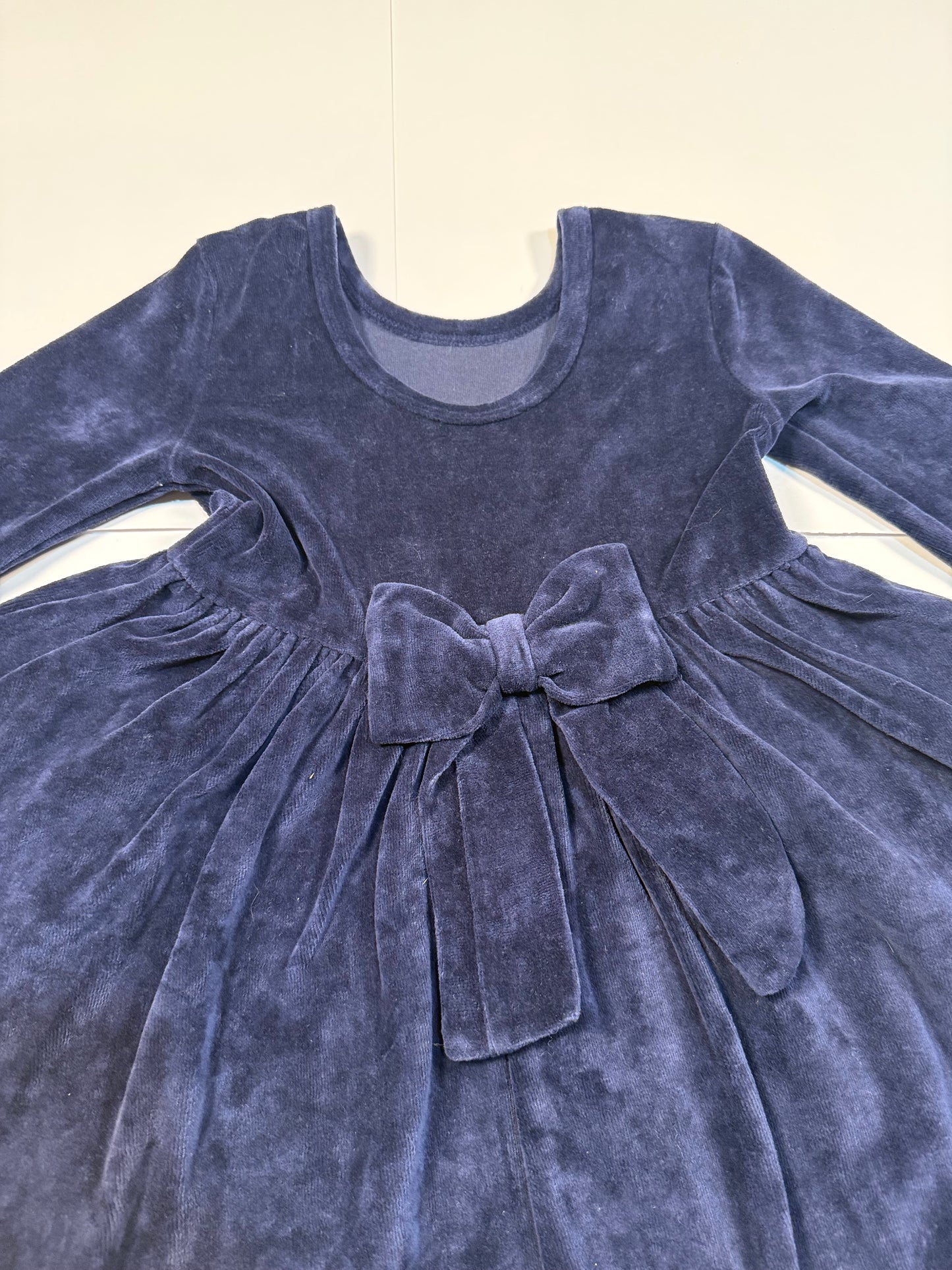 #180 Girls 5 Ruffle Butts Navy Velvet Dress with Bow on Back and Pockets