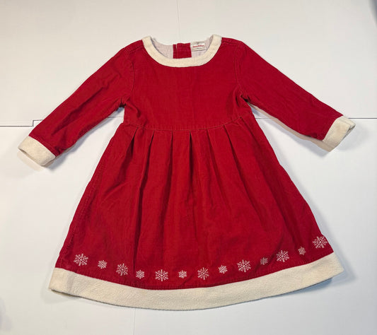 #180 Girls 110 (5) Hanna Andersson Red Corduroy Dress with Snowflakes and Fleece Cuffs