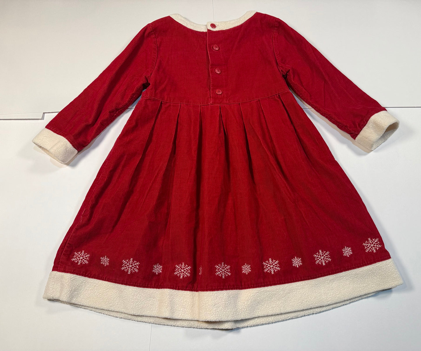 #180 Girls 110 (5) Hanna Andersson Red Corduroy Dress with Snowflakes and Fleece Cuffs