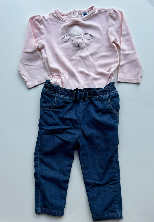 #101 *REDUCED* Janie and Jack Lamb Onesie and Bow Lined Jeans Girls Size 12-18