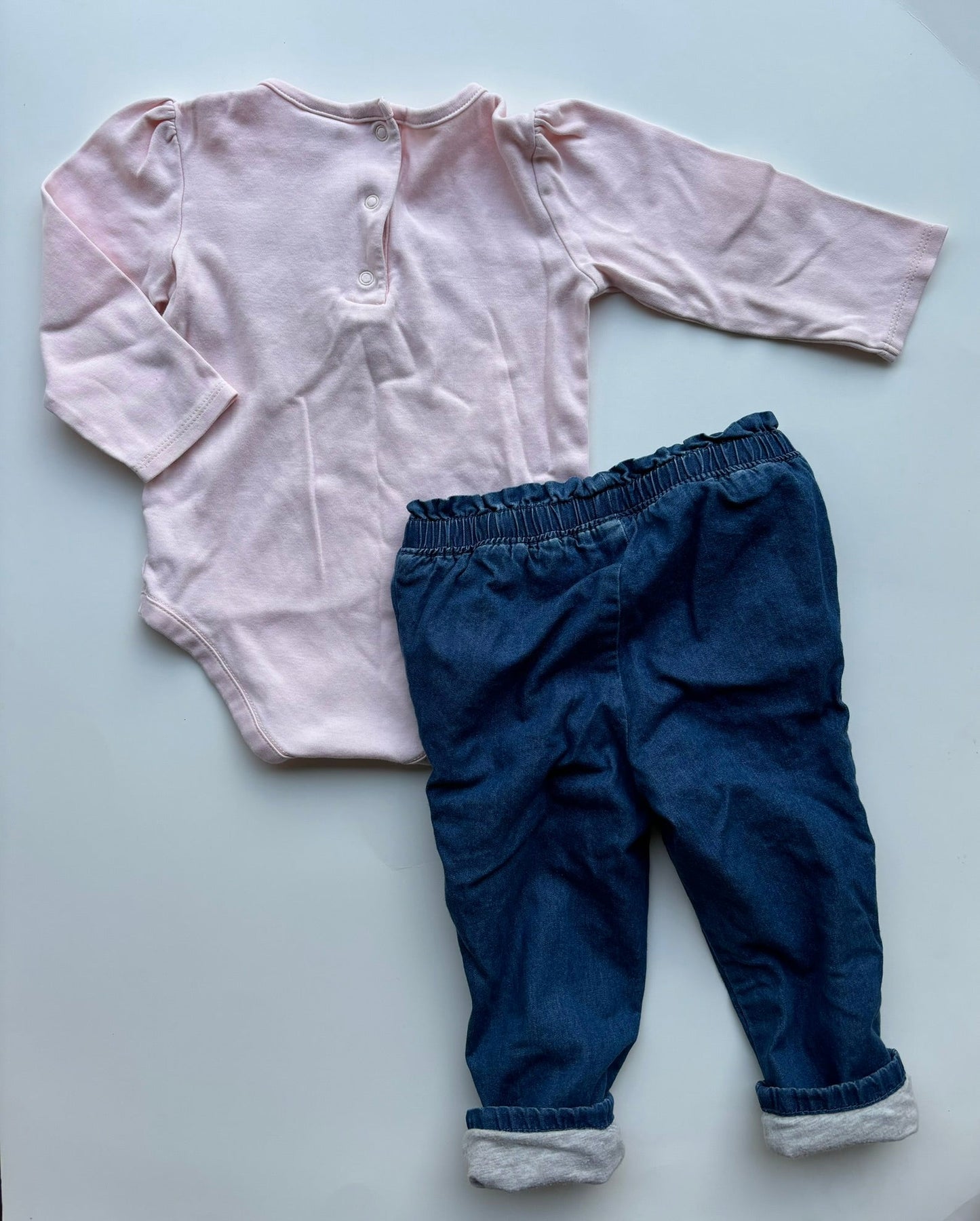 #101 *REDUCED* Janie and Jack Lamb Onesie and Bow Lined Jeans Girls Size 12-18