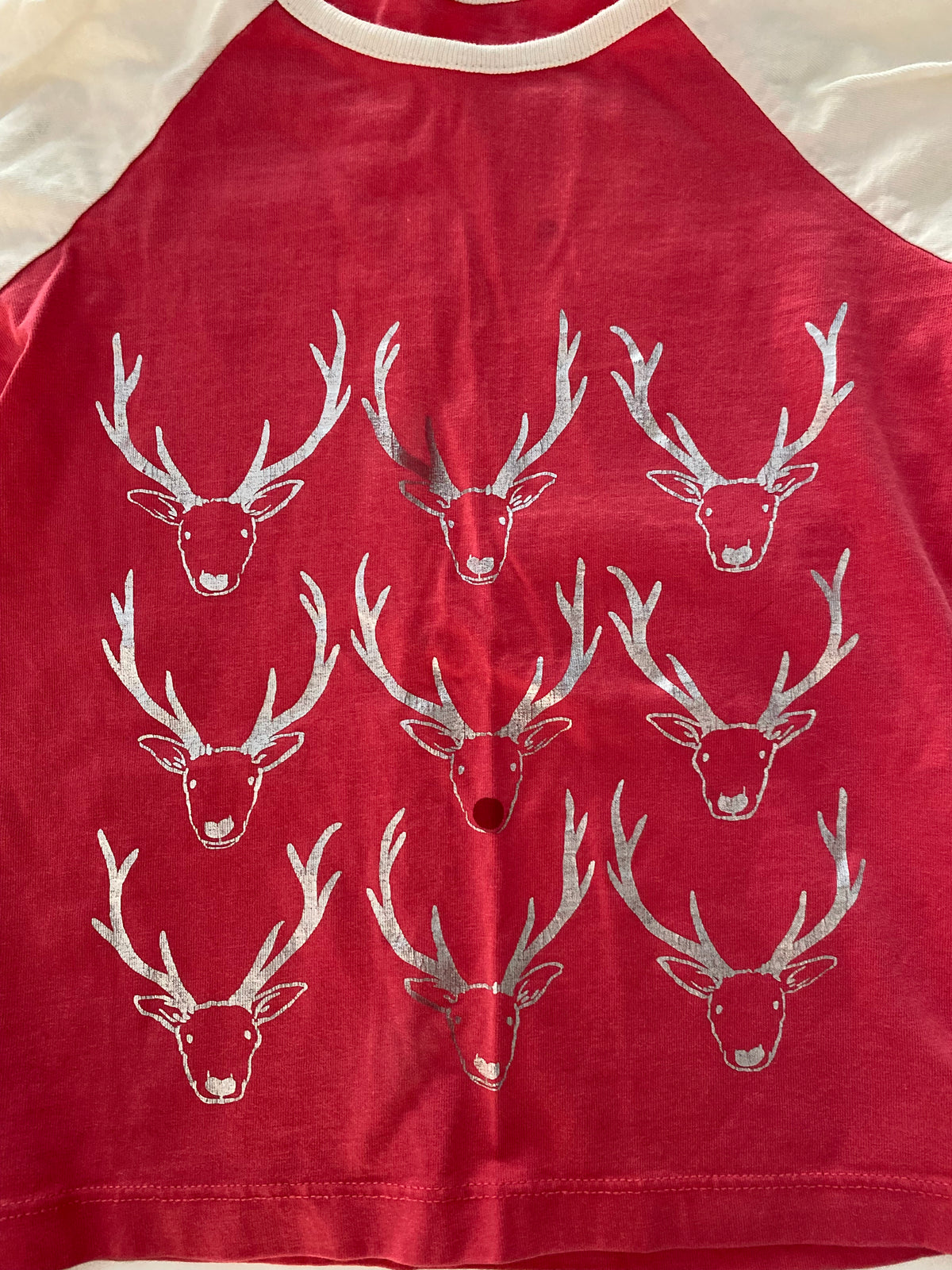 #117, Girls 4T, Boden red reindeer raglan shirt, GUC