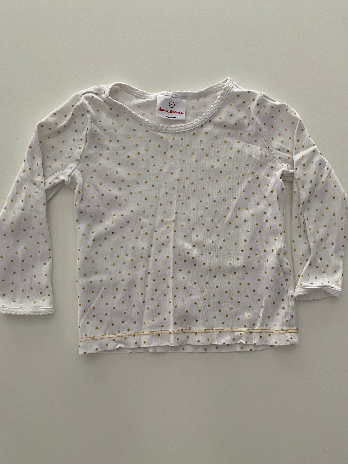 #117-Girls 3T, Hanna Andersson White with gold polka dot shirt, EUC,*reduced*