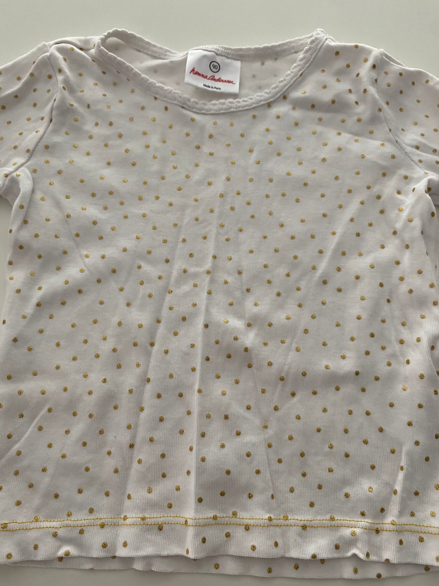 #117-Girls 3T, Hanna Andersson White with gold polka dot shirt, EUC,*reduced*