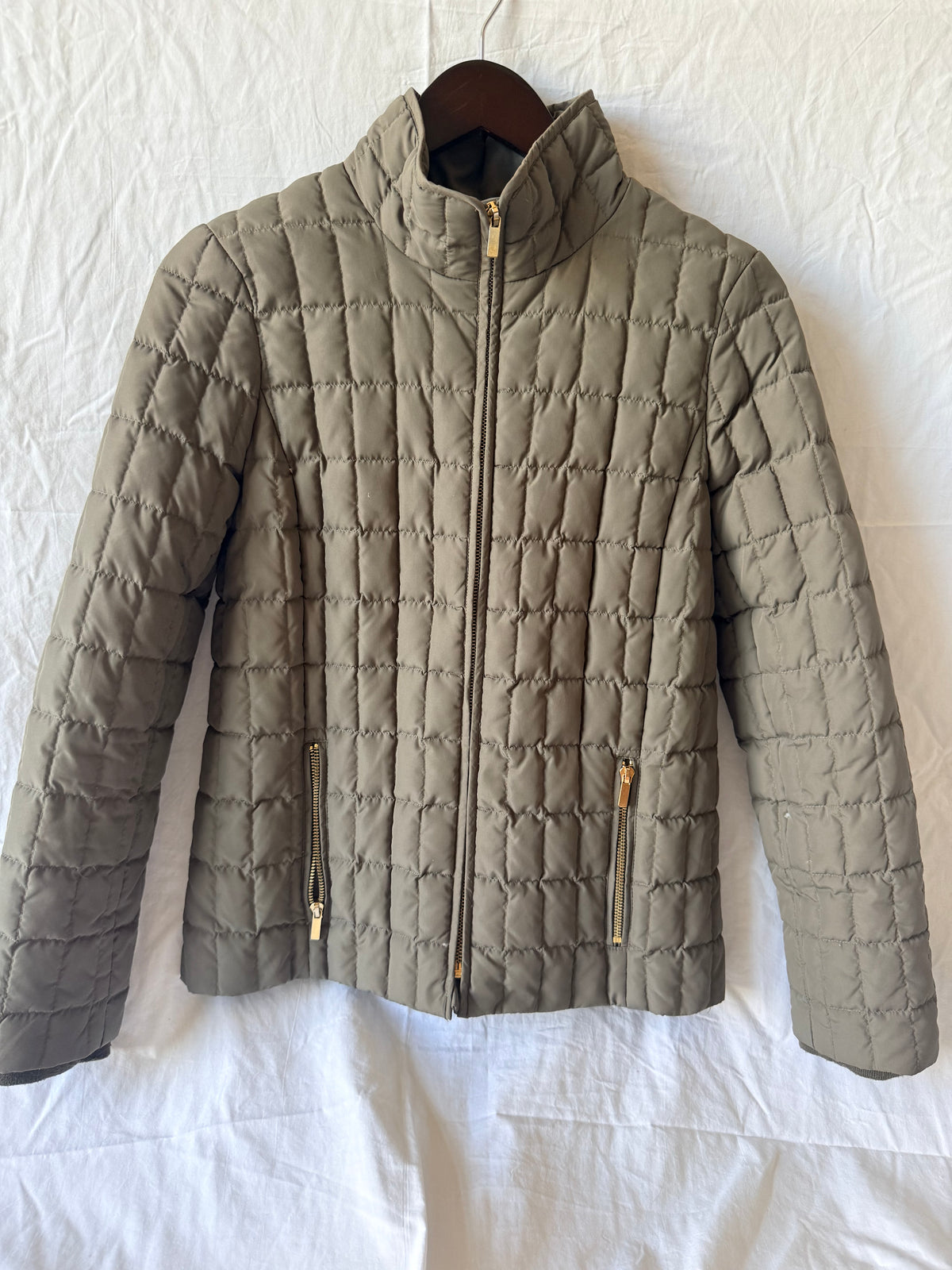 #143 J.Crew quilted puffer olive green women’s size small