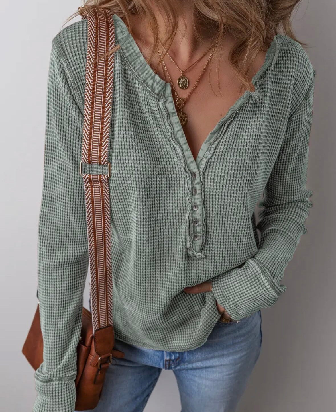 #28 NEW Women’s Sage Green Henley - Size M