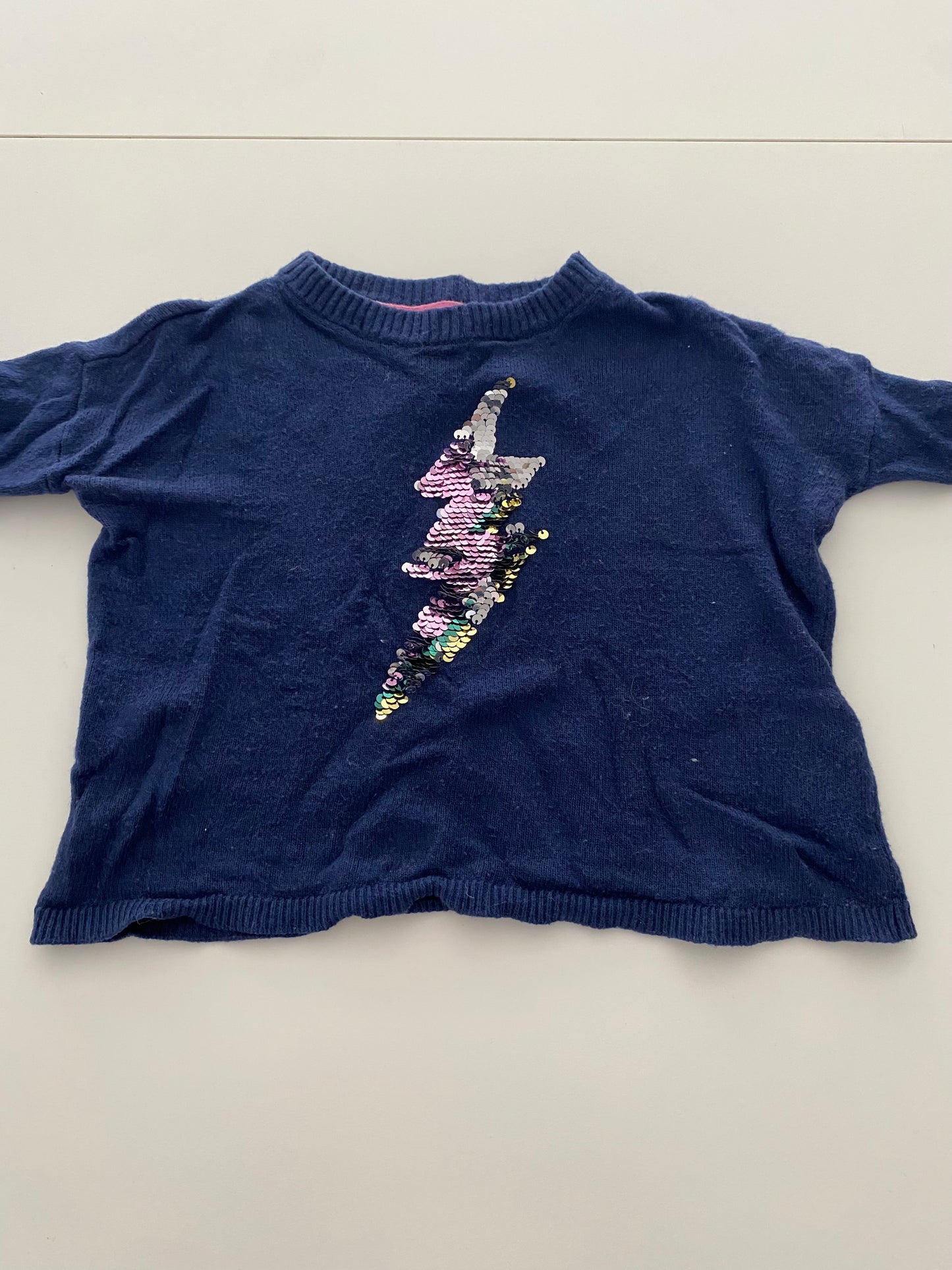 #117- Boden Navy Sweater w/ lightening bolt sequins, Girls 3-4T, VGUC