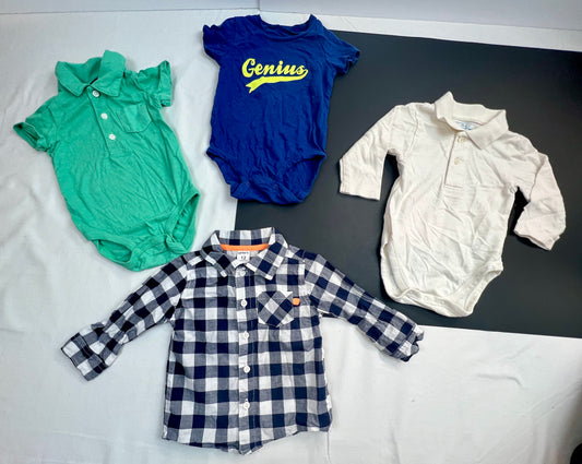 Boys 12 M (4) Pieces: (3) Onesies including one Genius + Blue Plaid Dress Shirt  - Great for Layering VGUC