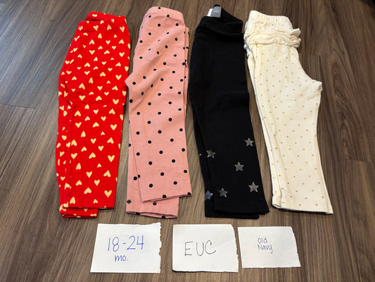 #138 - 18-24 Mo - EUC Old Navy - 4 Pair Leggings (Red hearts, Pink dot, Black stars, white dot) - PU 45236