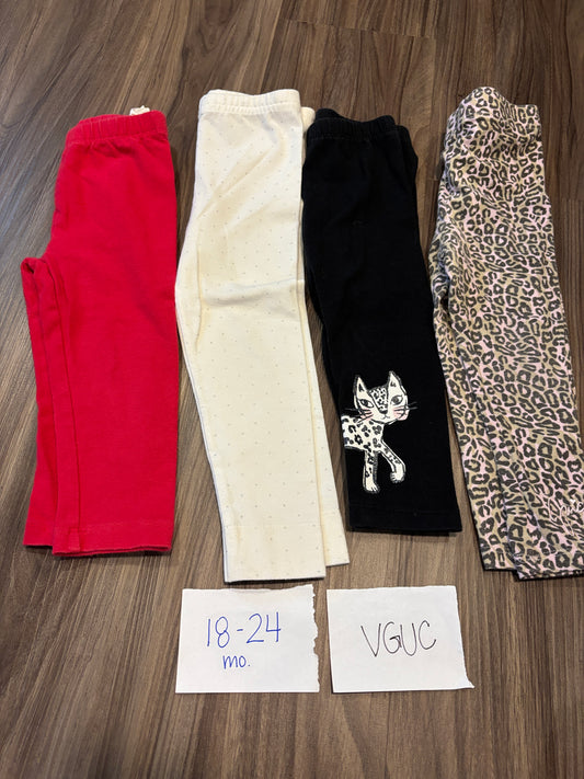#138 - 18-24 Mo - VGUC 4 Pair Leggings (red, white dot, black cat, cheetah) - PU 45236
