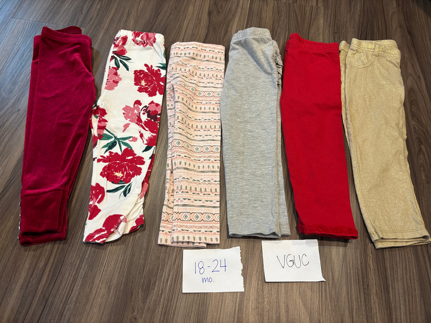 #138 - 18-24 Mo - VGUC 6 Pair Leggings (maroon velvet, red floral, pink print, grey, red, gold) - PU 45236