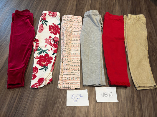 #138 - 18-24 Mo - VGUC 6 Pair Leggings (maroon velvet, red floral, pink print, grey, red, gold) - PU 45236
