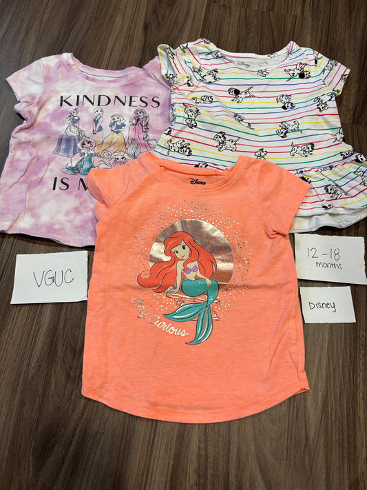 #138 - 12-18 Mo - VGUC Disney - 3 Shirts (princesses, Little Mermaid, Dalmations) - PU 45236