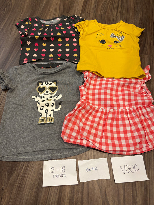 #138 - 12-18 Mo - VGUC Carters - 4 Shirts (hearts, kitty cat, red gingham) - PU 45236