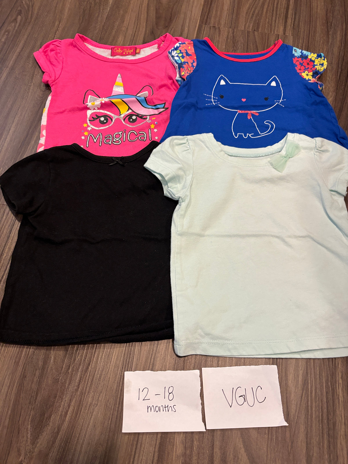 #138 - 12-18 Mo VGUC (4) Shirts (Magical, blue cat, blue, mint)