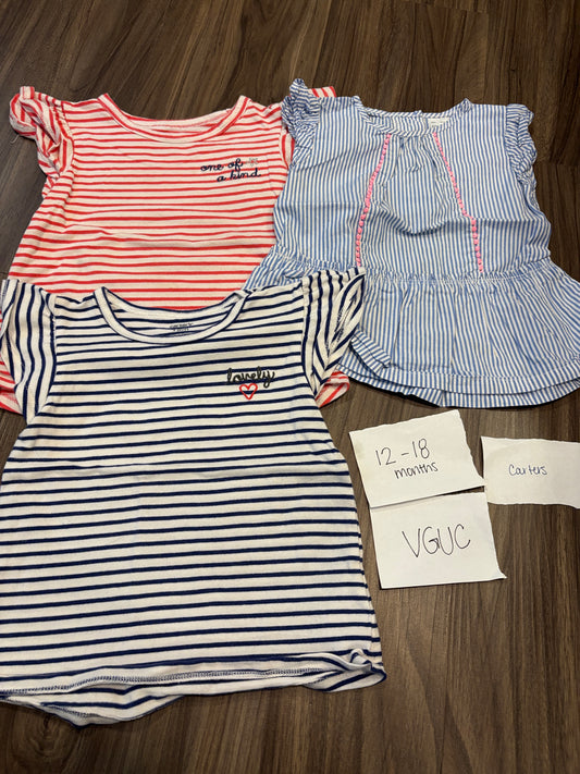 #138 - 12-18 Mo - VGUC Carters - 3 Shirts (pink/blue striped) - PU 45236