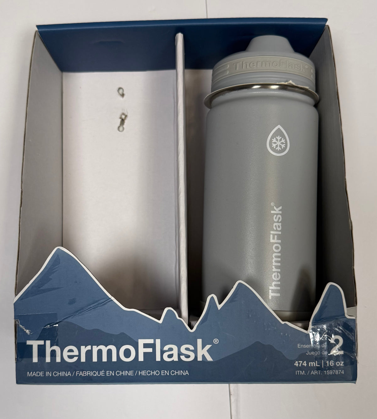 #141 New in Box Thermo Flask Gray Metal 16 ounce Water Bottle