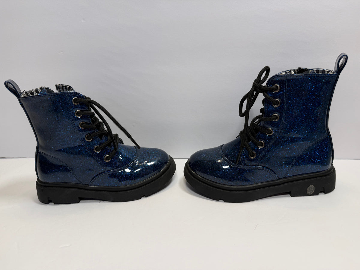 #141 Unisex Girls/Boys Size 11 (European 28) No Brand Blue Sparkle Doc Martens Style Combat Boot with Side Zipper