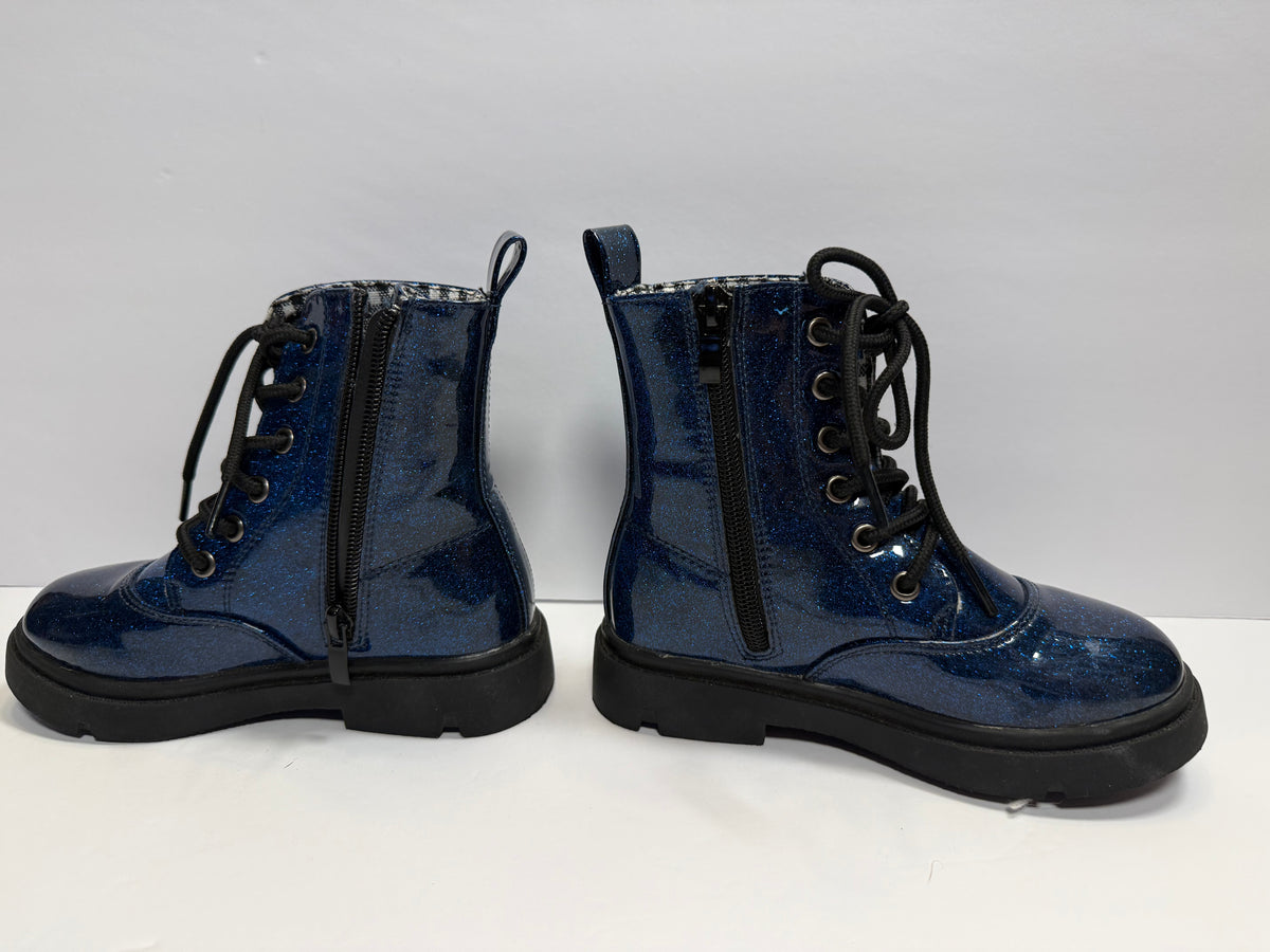 #141 Unisex Girls/Boys Size 11 (European 28) No Brand Blue Sparkle Doc Martens Style Combat Boot with Side Zipper