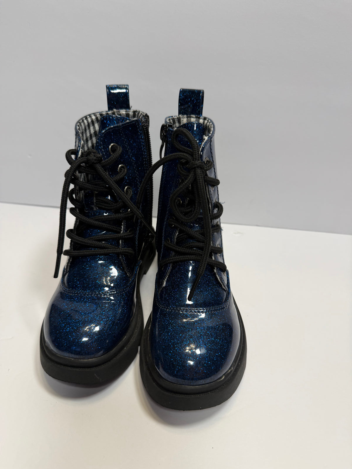 #141 Unisex Girls/Boys Size 11 (European 28) No Brand Blue Sparkle Doc Martens Style Combat Boot with Side Zipper