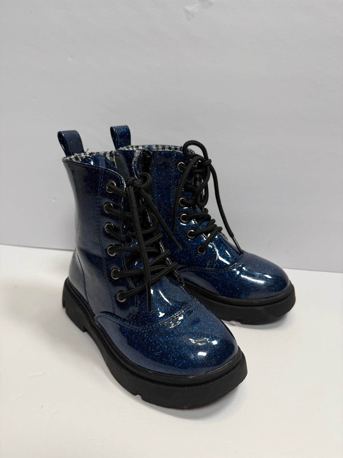 #141 Unisex Girls/Boys Size 11 (European 28) No Brand Blue Sparkle Doc Martens Style Combat Boot with Side Zipper