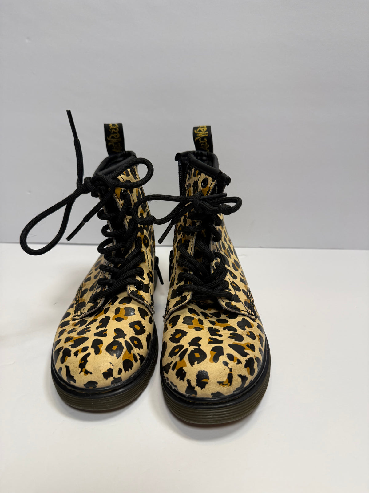 #141 Girls Size 11 Dr Martens Leopard Combat Boots with Side Zipper