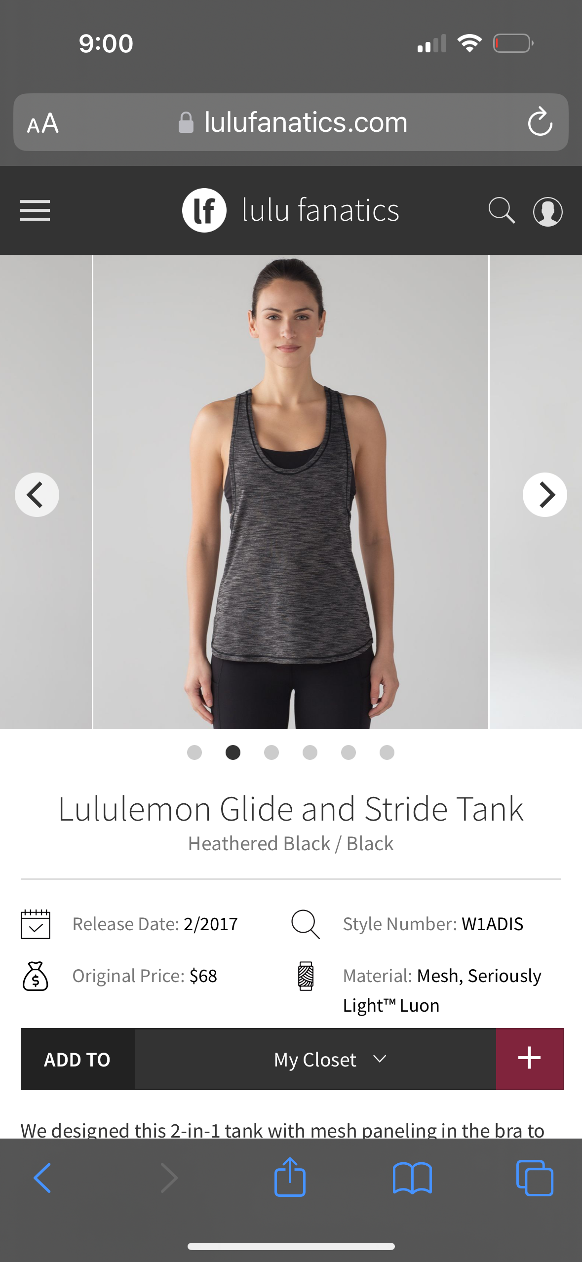 #81A Lululemon Glide and Stride Tank Sz 6 Top