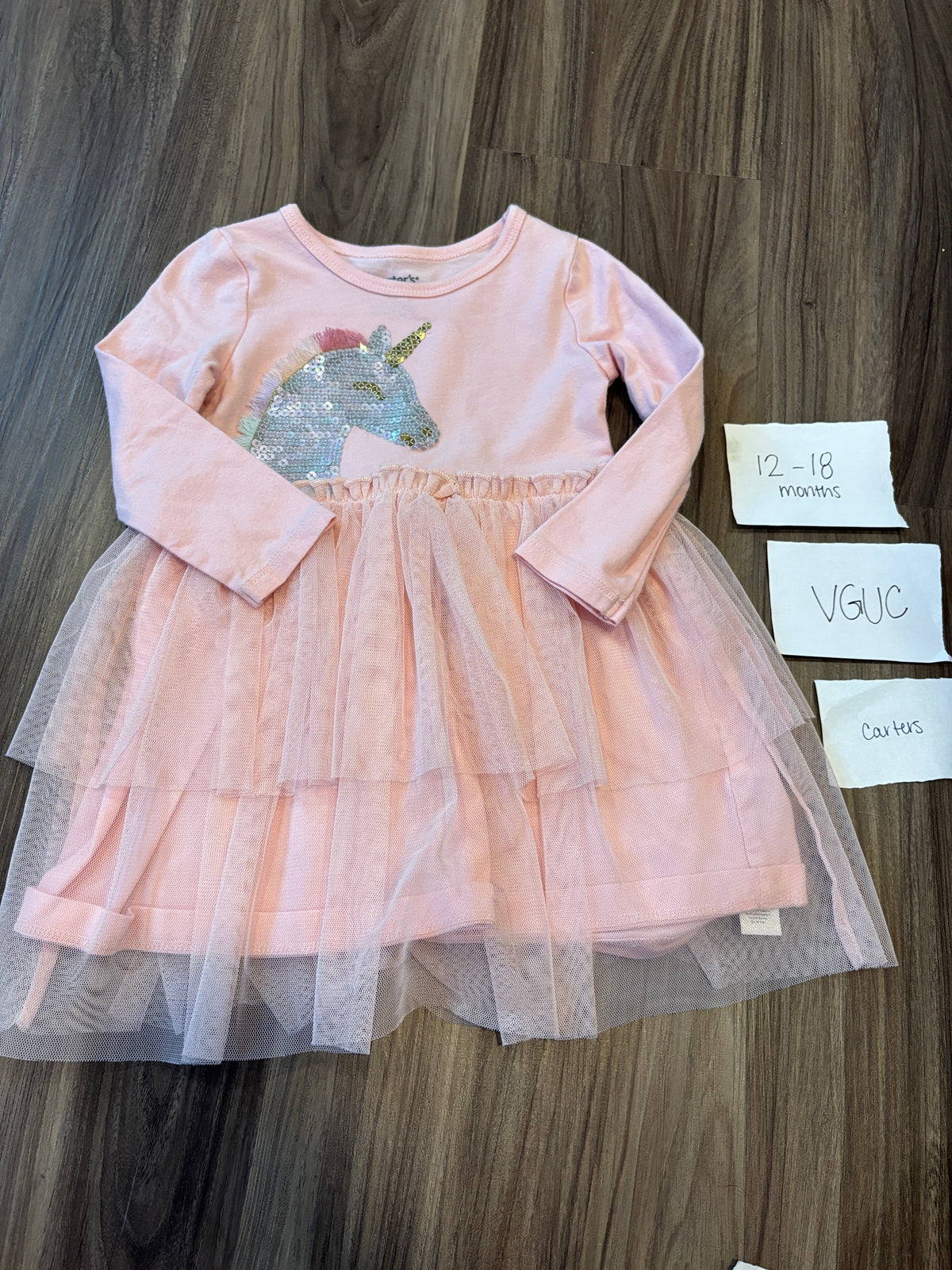 #138 - 12-18 Mo (2) VGUC LS Dresses (pink unicorn + meow)