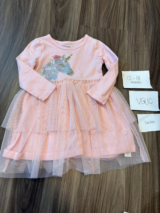 #138 - 12-18 Mo (2) VGUC LS Dresses (pink unicorn + meow)