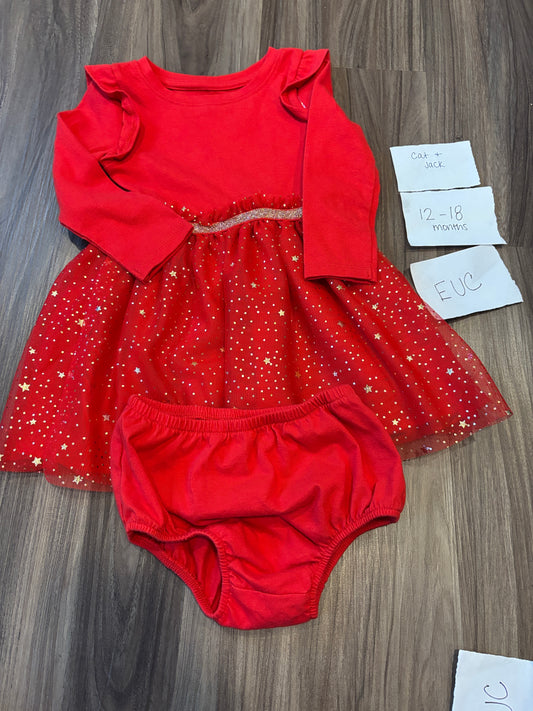 #138 - 12-18 Mo - EUC Cat & Jack - LS Red Dress w/diaper Cover - PU 45236