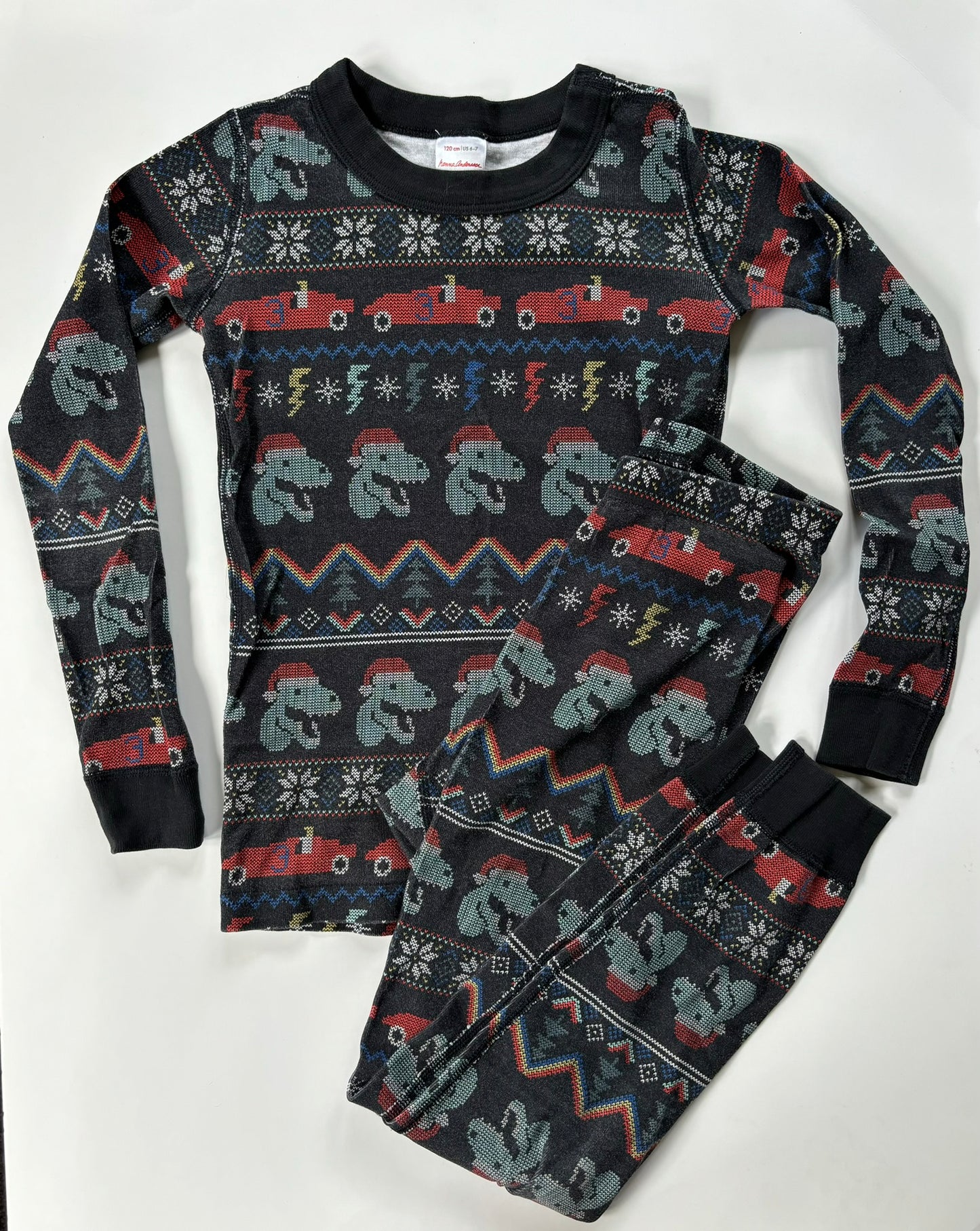 #101 Hanna Andersson Dino Holiday Fair Isle Pajamas Boys Size 6-7