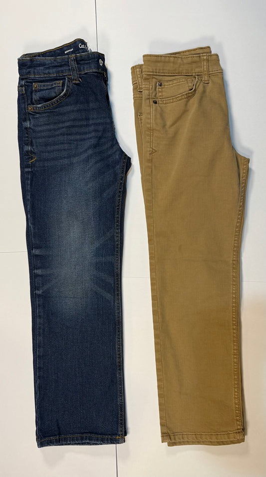 #180 Boys 8 Cat & Jack Jean Bundle Straight Khaki Jeans with Adjustable waist and Dark Blue Bootcut with Adjustable Waist
