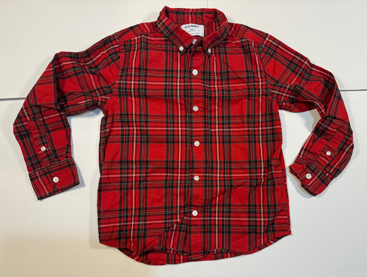 #141 Boys Medium 8 Old Navy Red Plaid Button Down and Tie Bundle