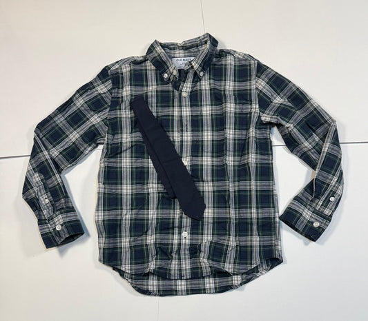 #180 Boys Medium 8 Old Navy Plaid Button Down and Tie -  Navy/Green with Navy Tie