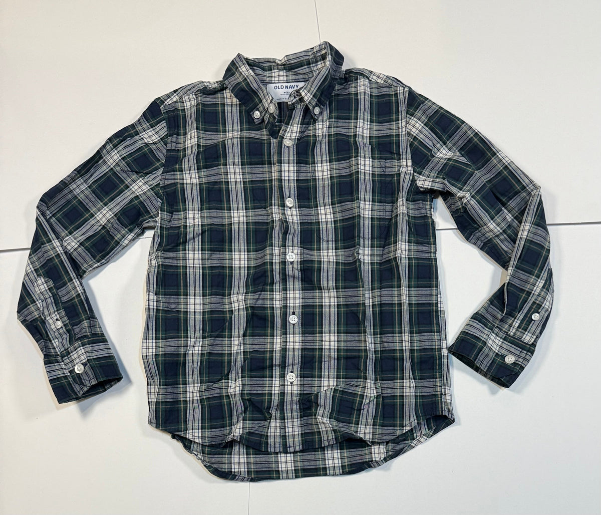 #141 Boys Medium 8 Old Navy Green and Navy Plaid Button Down and Tie Bundle