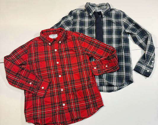 #180 Boys Medium 8 Bundle of Old Navy Plaid Button Downs and Tie - Red and Navy/Green