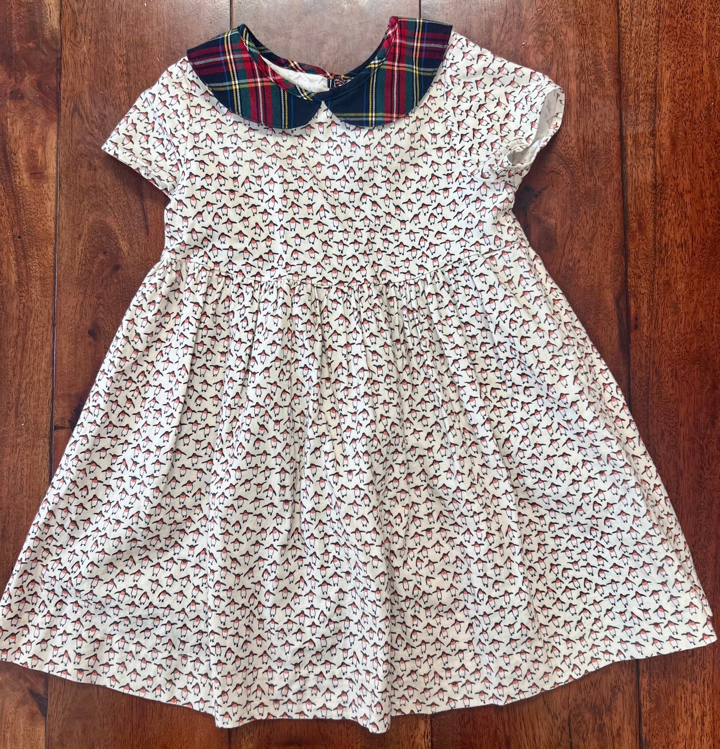 #66 4T Petit Peony (boutique) cotton dress with sweetest penguin print and plaid Peter Pan collar, VGUC