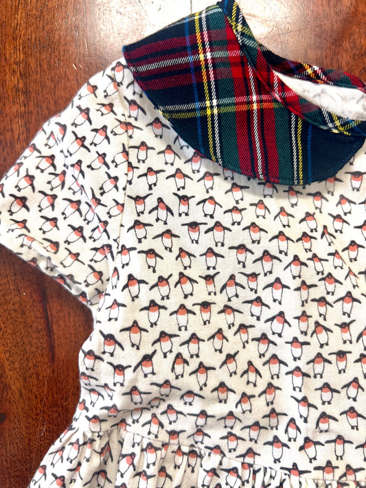#66 4T Petit Peony (boutique) cotton dress with sweetest penguin print and plaid Peter Pan collar, VGUC