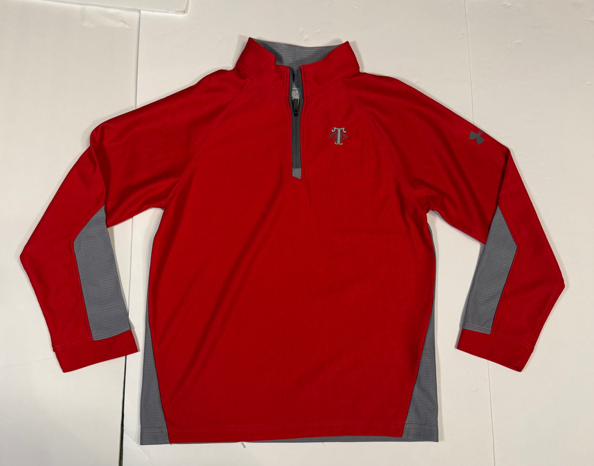 #141 Boys Medium Under Armour Loose Fit Quarter Zip in Red/Gray Athletic Material