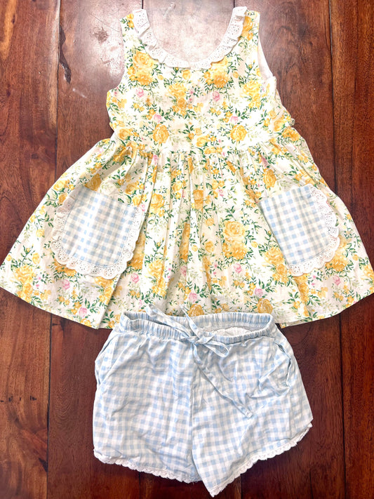 #66 5T floral Sweethoney yellow floral dress with pale blue gingham bloomers, VGUC